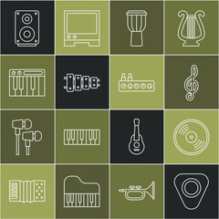 Set line Guitar pick, Vinyl disk, Treble clef, Drum, Xylophone, Music synthesizer, Stereo speaker and Sound mixer controller icon. Vector