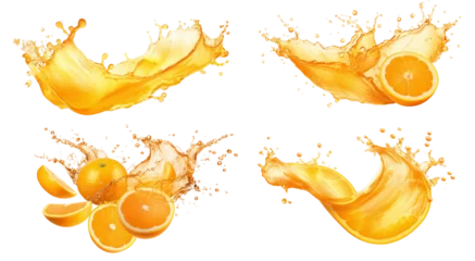 Poster Isolated Orange Juice Splash on a Transparent Background  Fruit Juice Crown Splashes, Wave Swirls, and Shiny Yellow Liquid Droplets – Fresh and Clear Beverage © wiizii