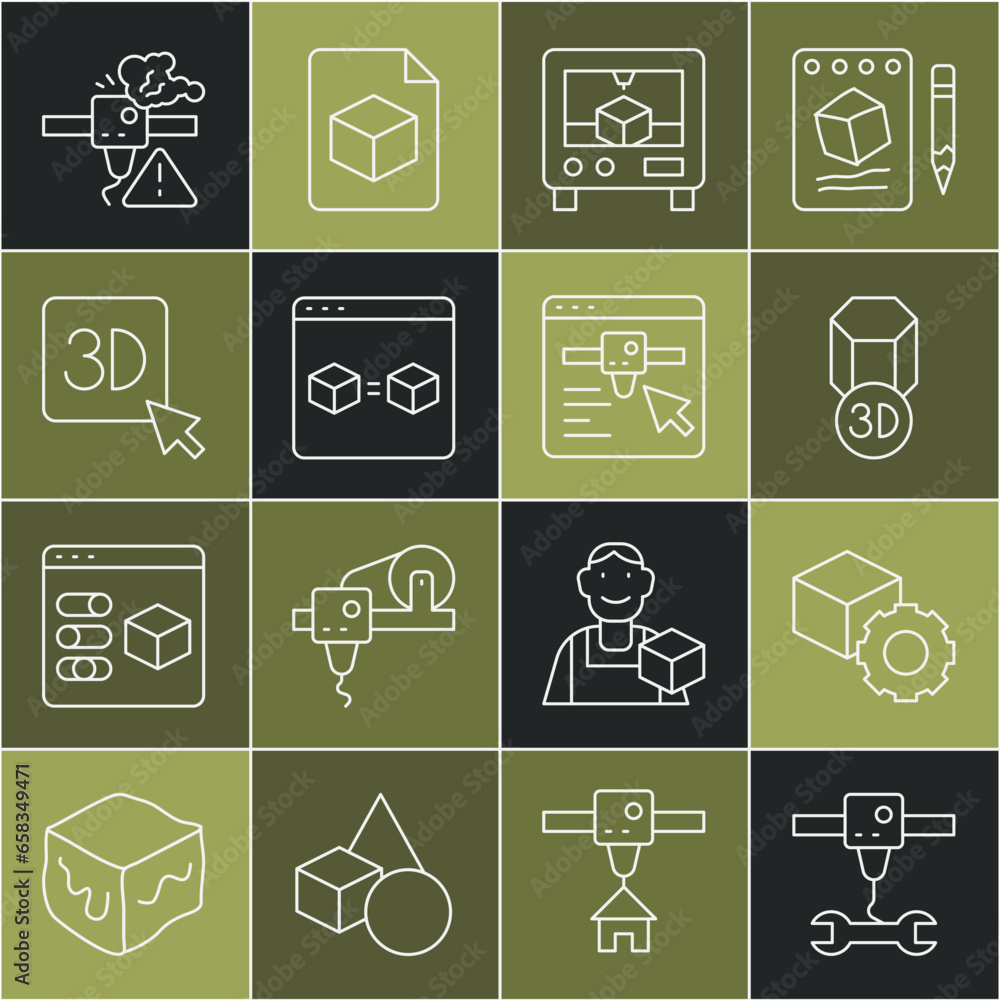 Poster set line 3d printer wrench spanner, isometric cube, perfect copy, warning and setting icon. vector