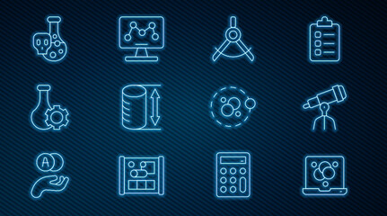 Set line Chemical formula, Telescope, Drawing compass, Height geometrical figure, Test tube, with toxic liquid, Atom and Genetic engineering icon. Vector