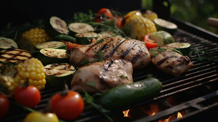 Assorted delicious grilled meat with vegetables over the coals on a barbecue.Generative AI
