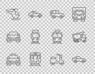 Set line Taxi car, Car, Off road, Train and railway, Helicopter, Tram, Scooter and Delivery cargo truck icon. Vector