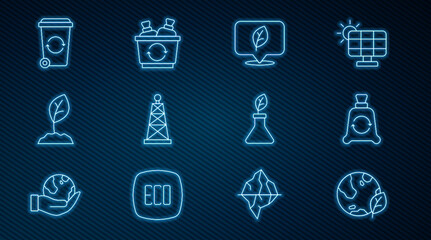 Set line Earth globe and leaf, Garbage bag with recycle, Location, Oil rig, Sprout, Recycle bin, Plant breeding and icon. Vector