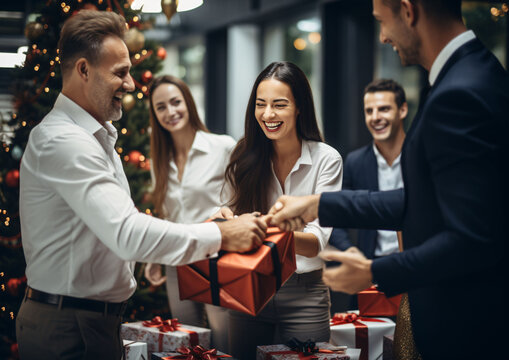 Happy employees at work receiving Christmas gifts from their boss, Boxing day. Generative Ai