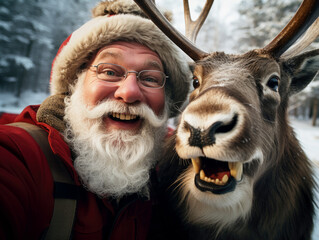 Der Weihnachtsmann und sein Rentier machen ein lustiges Selfie, winterlicher Wald mit Schnee im verschwommenen Hintergrund - obrazy, fototapety, plakaty