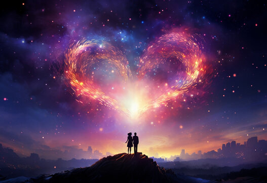 a couple in front of a heart shape nebulae, romantic cosmic landscape, Valentine's Day Concept