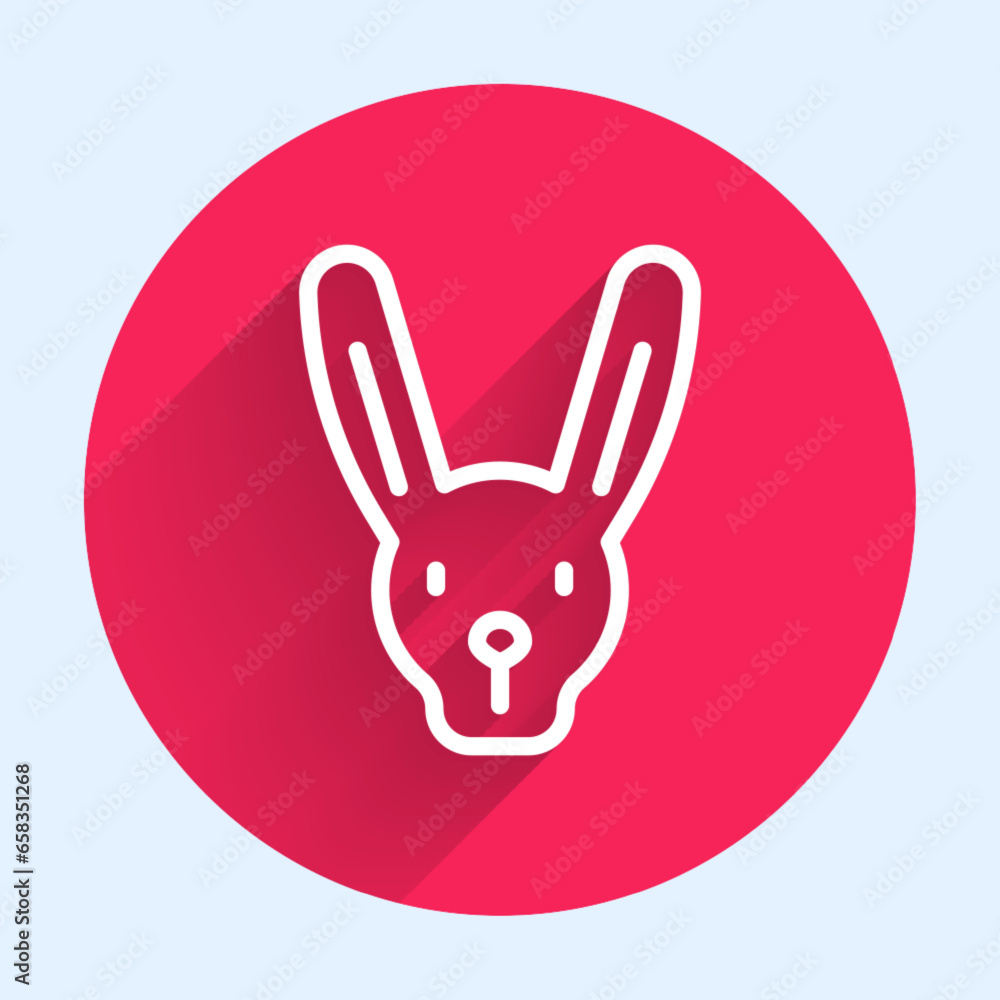 Poster white line rabbit with ears icon isolated with long shadow. magic trick. mystery entertainment conce