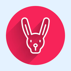White line Rabbit with ears icon isolated with long shadow. Magic trick. Mystery entertainment concept. Red circle button. Vector