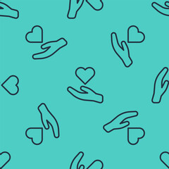Black line Heart in hand icon isolated seamless pattern on green background. Hand giving love symbol. Valentines day symbol. Vector