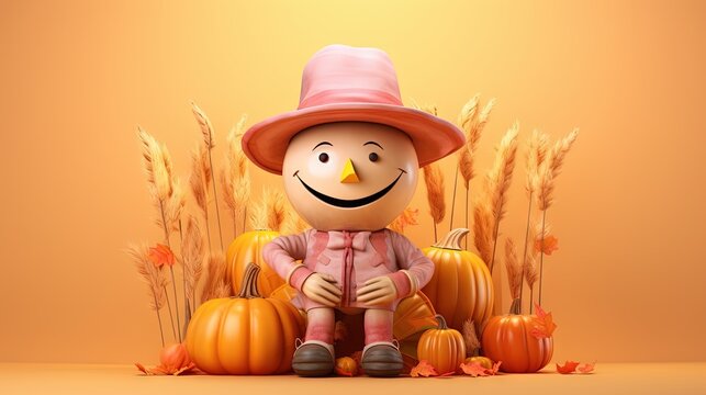  a scarecrow sitting in a field of pumpkins wearing a pink hat.  generative ai