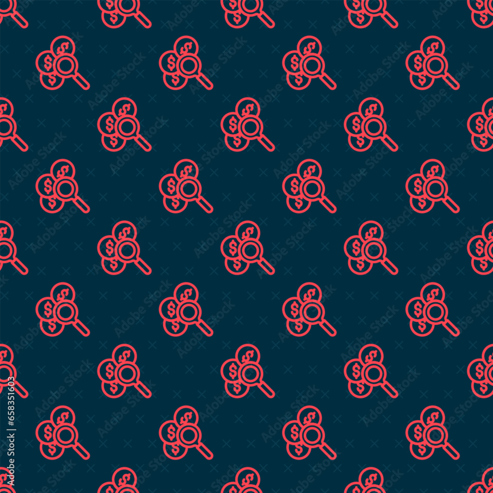 Poster red line search for money icon isolated seamless pattern on black background. vector