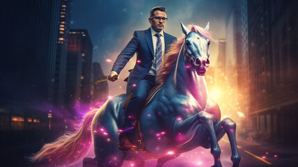 businessman riding a colorful horse