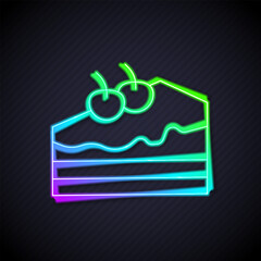 Glowing neon line Piece of cake icon isolated on black background. Happy Birthday. Vector