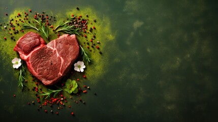 a piece of meat with herbs and peppercorst on a green surface.  generative ai