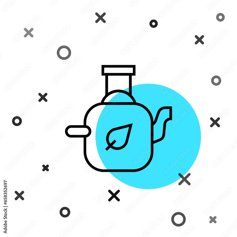 Poster black line teapot with leaf icon isolated on white background. random dynamic shapes. vector