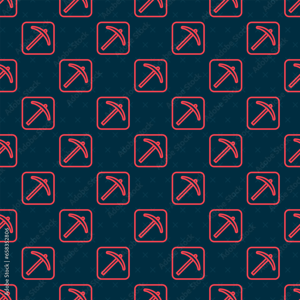 Poster red line pickaxe icon isolated seamless pattern on black background. vector
