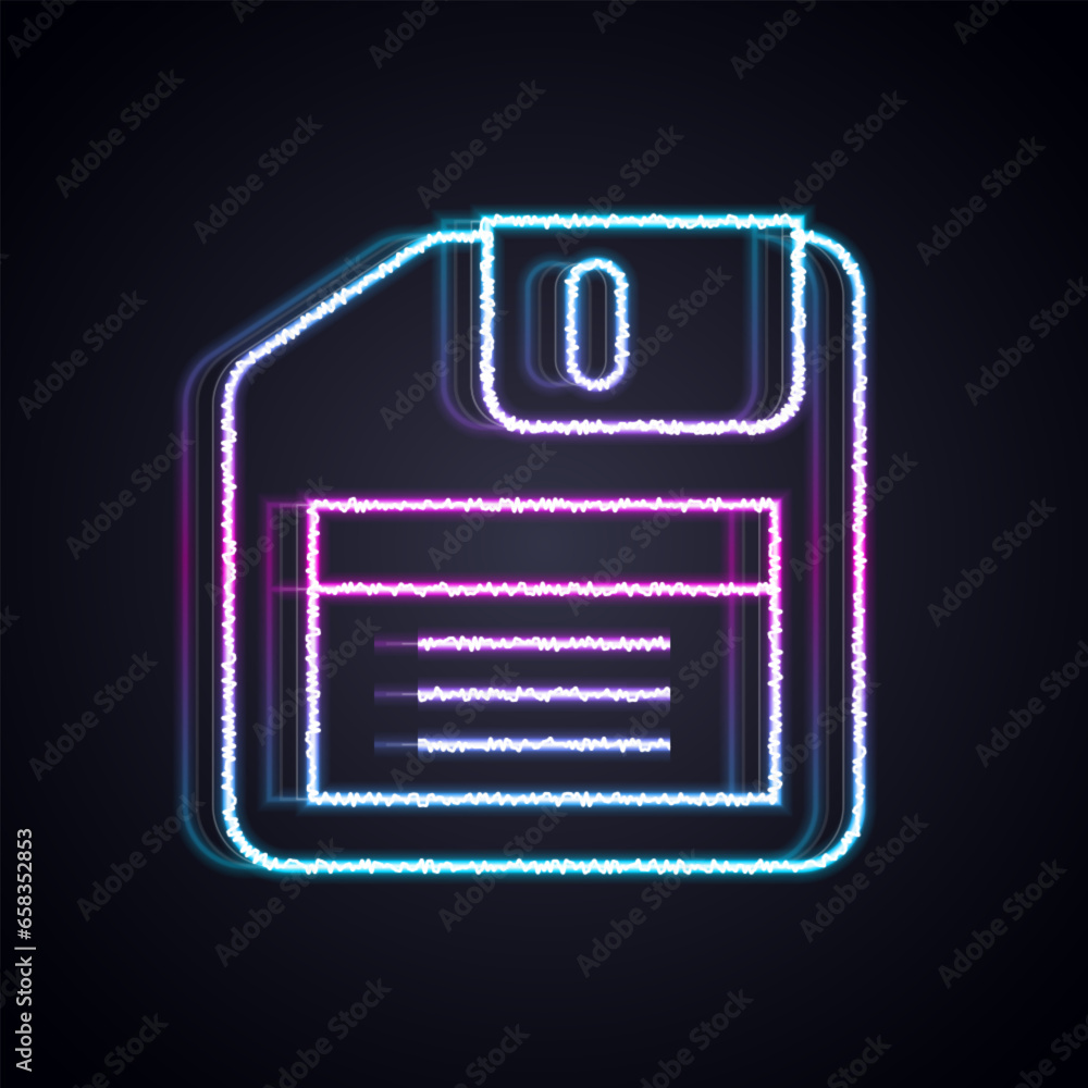 Poster glowing neon line floppy disk for computer data storage icon isolated on black background. diskette 
