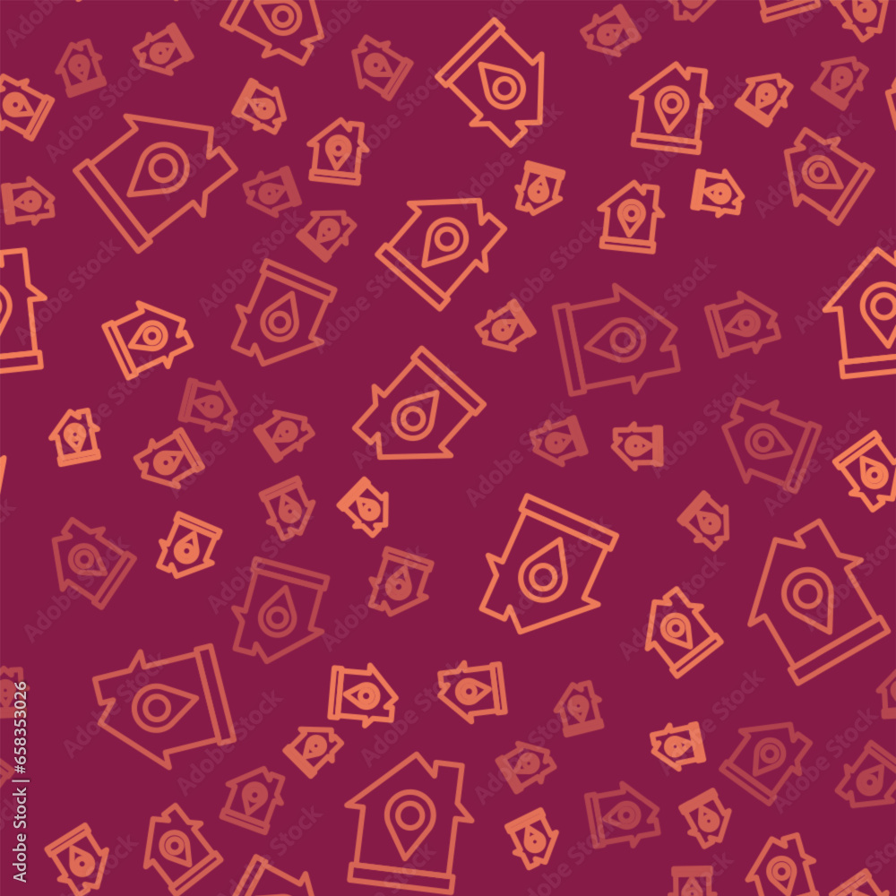 Poster brown line map pointer with house icon isolated seamless pattern on red background. home location ma