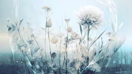  a picture of a bunch of flowers in the grass with a blue sky in the background.  generative ai