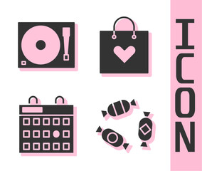 Set Candy, Vinyl player with a vinyl disk, Birthday calendar and Shopping bag with heart icon. Vector