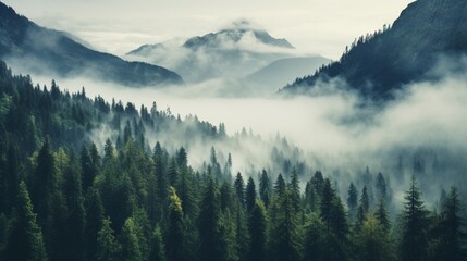 The forest as seen from the mountain. Alps and fog.