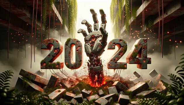 post-apo setting with ruins and overgrown vegetation, robot hand, augmented with cybernetic enhancements, emerges trough 2024 inscription, year of technology and ai