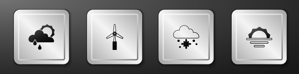 Set Cloud with rain and sun, Wind turbine, snow and Sunrise icon. Silver square button. Vector