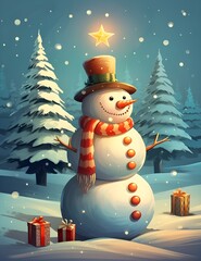 Obraz premium cartoon style snowman with Christmas tree