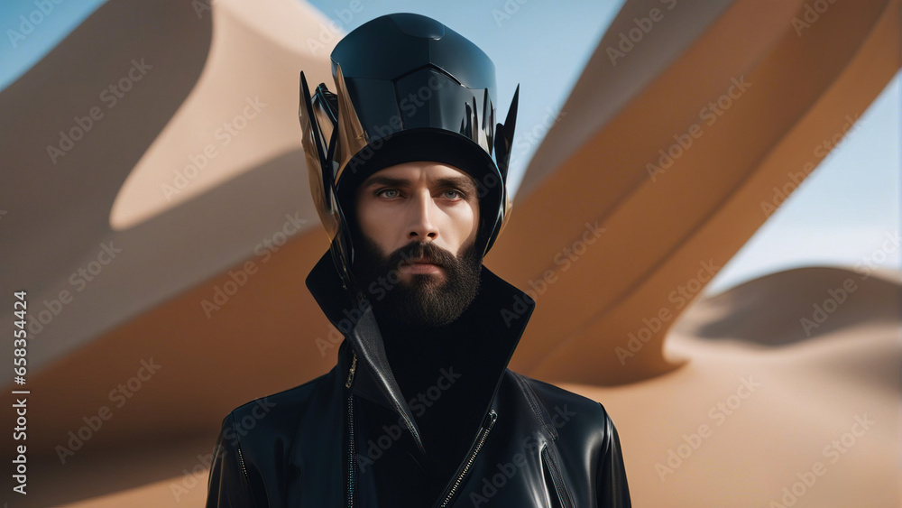 Wall mural A high-fashion photo featuring an male model in black outfit avant-garde futuristic design. Desert landscape as a background.