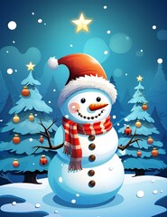 Fototapeta premium cartoon style snowman with Christmas tree