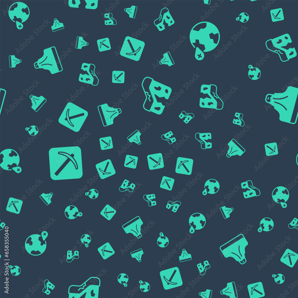 Poster set geological fault, location on the globe, pickaxe and volcano on seamless pattern. vector