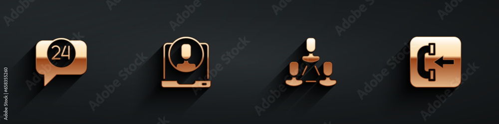 Poster set telephone 24 hours support, employee hierarchy and incoming call icon with long shadow. vector