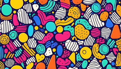 Naklejka premium Fun colorful line doodle seamless pattern. Creative minimalist style art background for children or trendy design with basic shapes. Simple party confetti texture, childish scribble shape backdrop.