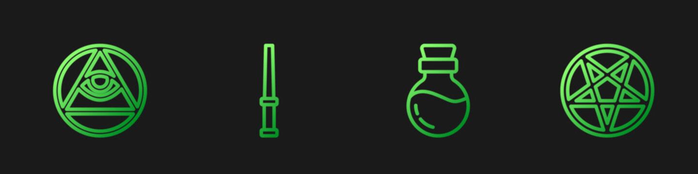 Set line Bottle with potion, Masons, Magic wand and Pentagram in circle. Gradient color icons. Vector