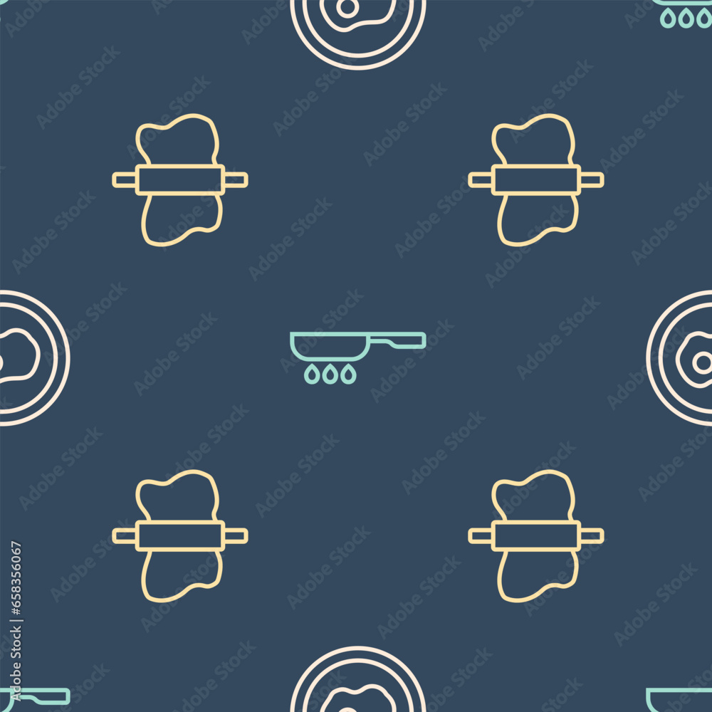 Poster set line scrambled eggs, rolling pin on dough and frying pan on seamless pattern. vector