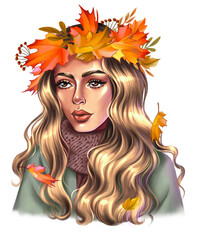 Fall girl with a wreath of autumn leaves
