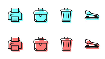 Set line Trash can, Printer, Briefcase and Stapler icon. Vector