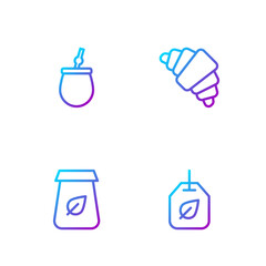 Set line Tea bag with leaf, packaging, Mate tea and Croissant. Gradient color icons. Vector