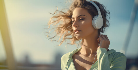 woman in exercise shorts listening to music