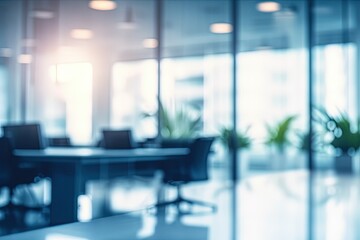 Captivating and blurred backdrop featuring the beauty of a modern office interior, with expansive panoramic windows and stunning lighting, creating a serene atmosphere