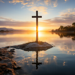 In calm waters and a sunrise setting, a cross stands out. Cross in a lake symbolizing faith and strength in a serene and peaceful setting. - obrazy, fototapety, plakaty
