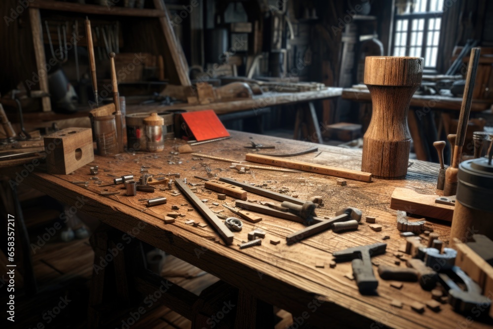 Poster A workbench in a workshop with various tools. Ideal for illustrating craftsmanship, DIY projects, or professional workspaces.
