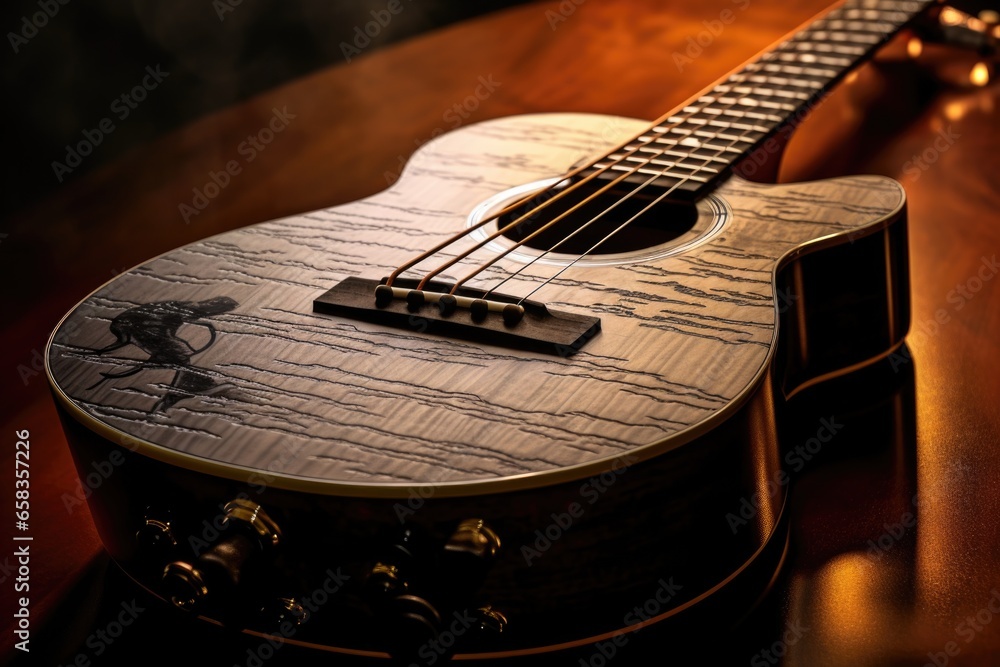 Poster A guitar is placed on top of a wooden table, creating a rustic and musical atmosphere. This image can be used for various purposes, such as music-themed designs, instrument advertisements, or as a bac