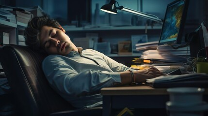 Overworked exhausted young handsome business man sleeping on his office desk next to computer and documents. Company worker tired of overworking. Male employee workaholic suffering from chronic