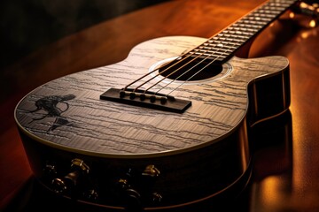 A guitar is placed on top of a wooden table, creating a rustic and musical atmosphere. This image...