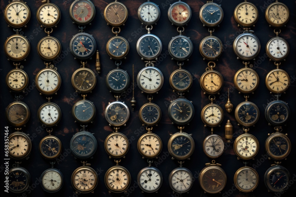 Poster a collection of various clocks displayed on a wall. this image can be used to showcase different tim