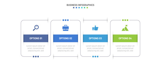 Timeline infographic with infochart. Modern presentation template with 4 spets for business process. Website template on white background for concept modern design. Horizontal layout.