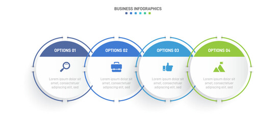 Timeline infographic with infochart. Modern presentation template with 4 spets for business process. Website template on white background for concept modern design. Horizontal layout.