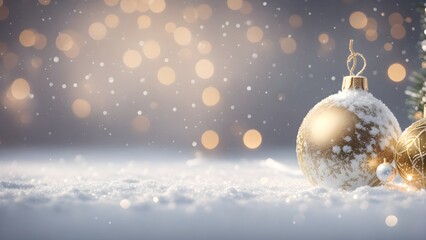 Christmas background with baubles and snowflakes. Golden xmas holiday baubles on snow with bokeh lights.