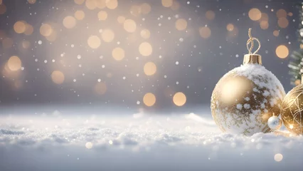 Wallpaper murals Christmas motifs Christmas background with baubles and snowflakes. Golden xmas holiday baubles on snow with bokeh lights.